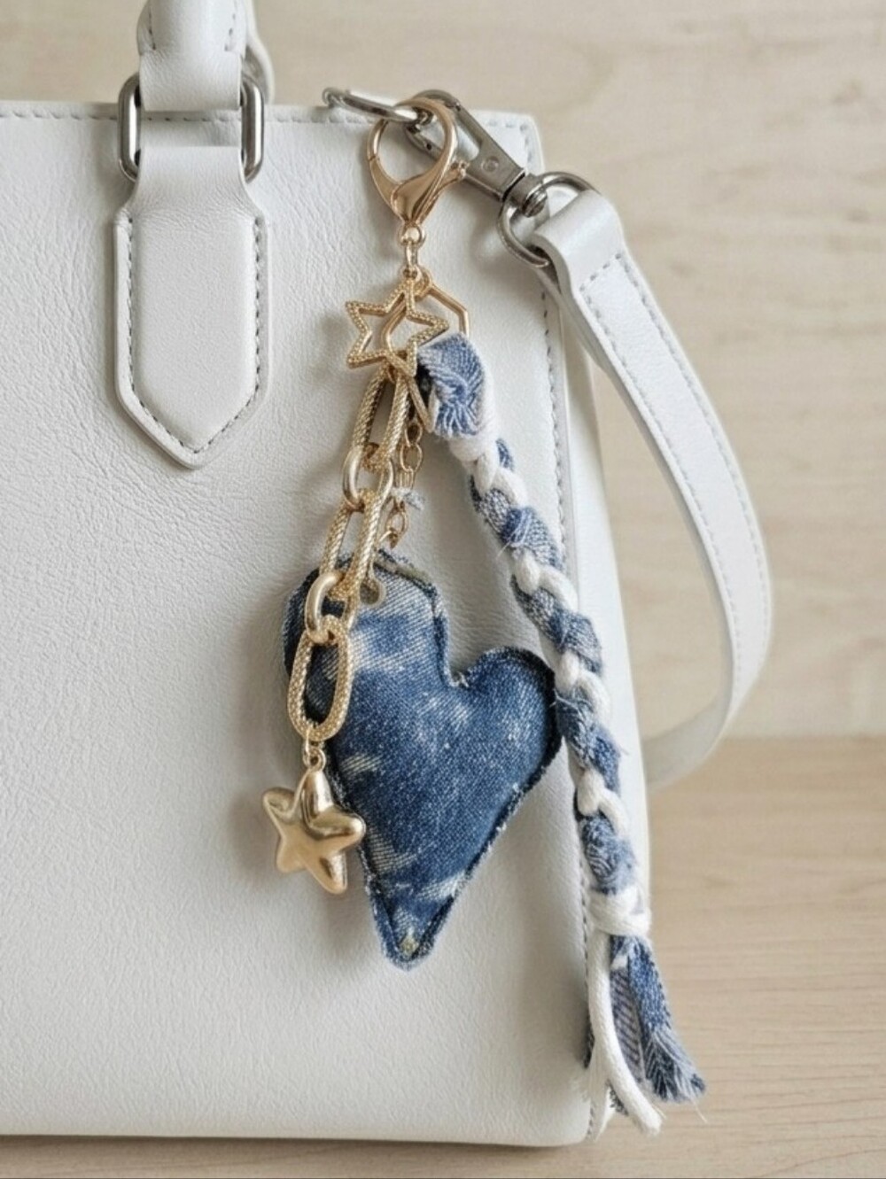 Denim Heart & Gold Star Bag Charm
